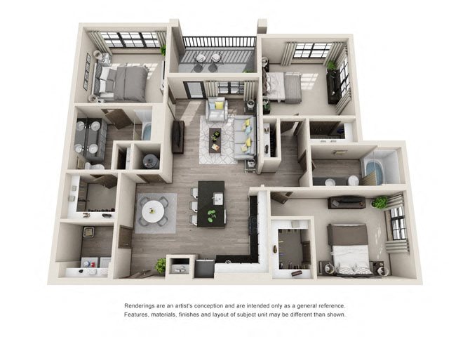 Floor plan for 3 beds, 2 baths, 1390 sqft